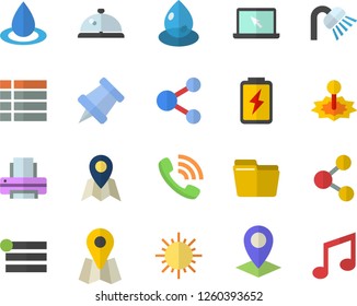 Color flat icon set shower flat vector, sun, battery, drop, laser, location, phone call, computer file, printer, laptop, pushpin, fector, jingle, share, menu, note
