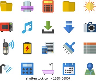 Color flat icon set shower flat vector, calculator, putty knife, microwave, sun, battery, phone call, calendar, computer file, printer, camera fector, menu, download, note, location