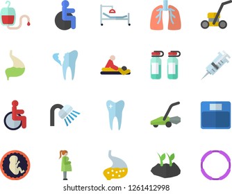 Color flat icon set shower flat vector, planting plants, lawn mower, blood transfusion, syringe, disabled, hospital bed, massage, ampoule, embryo, gestation, tooth, broken, stomach, lungs, hoop