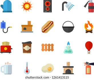 Color flat icon set shower flat vector, heating batteries, cauldron, potholder, induction cooker, toaster, temperature, hot dog, coffee , scrambled eggs, bonfire, fireplace, medical warmer, coffee