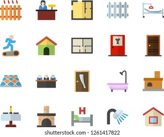 Color flat icon set shower flat vector, house layout, Entrance door, flooring, fireplace, radiator, hospital bed, meeting, Treadmill, romantic dinner fector, doctor's office, reception desk