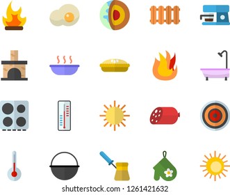 Color flat icon set shower flat vector, heating batteries, cauldron, potholder, turk, electric stove, fire, induction cooker, coffee machine, temperature, sausage, soup, pie, scrambled eggs, sun