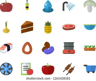Color flat icon set shower flat vector, cake, colander, double boiler, tomato, legumes, onion, sausage, mushroom, chop, shashlik, sashimi, pineapple, canape, seedlings, ventilation, drop, diet