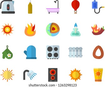 Color flat icon set shower flat vector, heating batteries, electric kettle, potholder, stove, fire, induction cooker, sausage, hot peppers, mustard, sun, medical warmer, gas burner, balloon