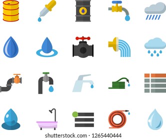 Color flat icon set shower flat vector, faucet, hose, irrigation, water tap, rain, main pipeline, oil tanks, drop, pipette, menu