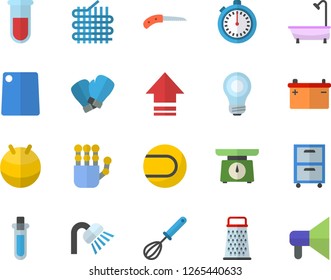 Color flat icon set shower flat vector, weighing machine, whisk, cutting board, grater, knife, accumulator, fabric manufacture, blood test, archive, robot hand, bulb, beakers, stopwatch, tennis ball