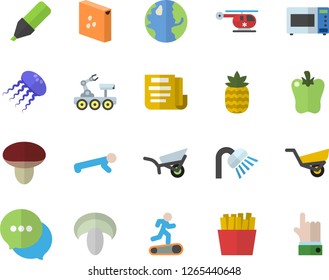Color flat icon set shower flat vector, microwave, groats, mushroom, bell pepper, French fries, pineapple, garden wheelbarrow, earth, marker, chat, helicopter, document, lunar rover, Treadmill