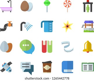 Color flat icon set shower flat vector, meashuring cup, egg, lollipop, coffe, well, main pipeline, chat, book, satellit, spark, centimeter, control gate fector, bell