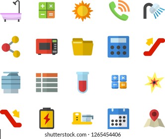 Color flat icon set shower flat vector, microwave, food processor, sun, battery, phone call, calculator, blood test, calendar, computer file, copy machine, spark, escalator fector, share, menu