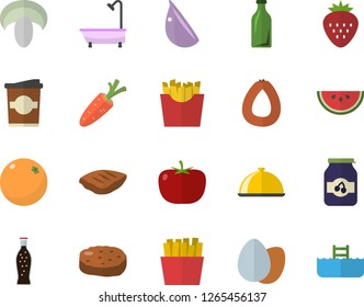 Color flat icon set shower flat vector, dish, tomato, sausage, egg, watermelon, mushroom, chop, cutlet, garlic, French fries, lemonade, coffe, jam, Strawberry, orange, carrot, glass bottles