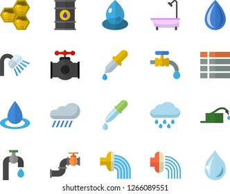 Color flat icon set shower flat vector, honeycomb, hose, irrigation, water tap, rain, main pipeline, oil tanks, drop, pipette, menu