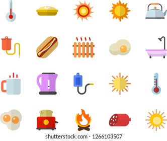 Color flat icon set shower flat vector, teapot, electric kettle, toaster, temperature, sausage, hot dog, pie, tea, scrambled eggs, thermometer, sun, bonfire, radiator, medical warmer, fector