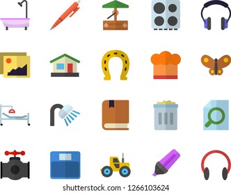 Color flat icon set shower flat vector, cook hat, electric stove, well, horseshoe, tractor, house, butterflies, main pipeline, marker, hospital bed, magnifier, pen, textbook, weighing machine