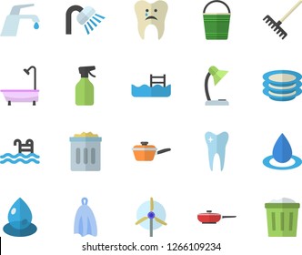 Color flat icon set shower flat vector, faucet, frying pan, saute, towel, plates, pulverizer, rake, bucketful, drop, tooth, caries, reading lamp, windmill, pool, trash can