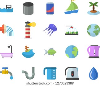 Color flat icon set shower flat vector, pipes, meashuring cup, electric kettle, fish, lemonade, sprinkling machine, hose irrigation, water tap, pipe production, lighthouse, sailboat, pool, island