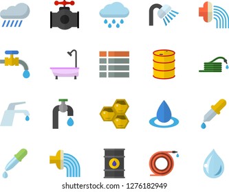 Color flat icon set shower flat vector, faucet, honeycomb, hose, irrigation, water tap, rain, main pipeline, oil tanks, drop, pipette, menu