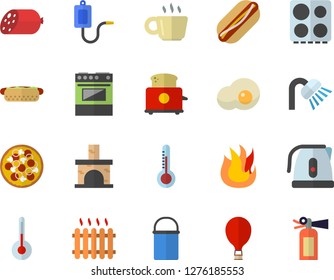 Color flat icon set shower flat vector, hiking pot, electric kettle, stove, fire, toaster, temperature, sausage, hot dog, pizza, scrambled eggs, thermometer, fireplace, radiator, medical warmer