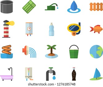 Color flat icon set shower flat vector, heating batteries, boiler, fish, lemonade, hose, bucketful, irrigation, water tap, drop, pipe production, lighthouse, earth fector, island, swimming mask
