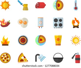 Color flat icon set shower flat vector, boiler, cauldron, turk, electric stove, induction cooker, sausage, pizza, hot peppers, scrambled eggs, thermometer, sun, bonfire, core of the earth fector