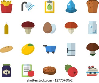 Color flat icon set shower flat vector, fridge, egg, mushroom, lemon, bread, cutlet, French fries, jam, cranberry, mustard, drop, glass bottles, diet, grocery trolley fector, cruise ship