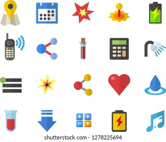 Color flat icon set shower flat vector, battery, drop, laser, location, phone call, calculator, blood test, heart, calendar, spark, share, menu, download, note