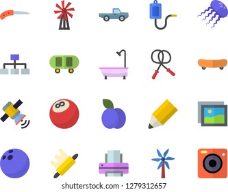 Color flat icon set shower flat vector, rolling pin, plum, windmill, pickup truck, knife, medical warmer, printer, pencil, satellit, classification, bowling ball, skateboard, skipping rope, gallery