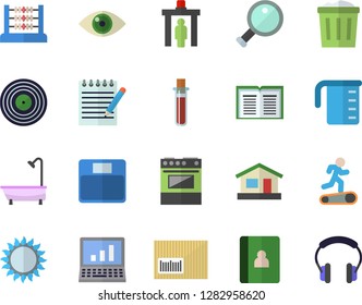 Color flat icon set shower flat vector, meashuring cup, electric stove, gas, house, barcode, blood test, abacus, notepad, computer, magnifier, weighing machine, Treadmill, control gate fector, eye
