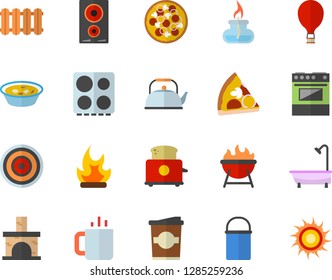 Color flat icon set shower flat vector, heating batteries, hiking pot, teapot, electric stove, induction cooker, toaster, barbecue, pizza, soup, coffe, tea, bonfire, fireplace, gas burner, sun