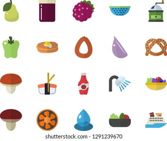 Color flat icon set shower flat vector, colander, coffee grinder, mushroom, pancakes, bagel, sausage, salad, garlic, bell pepper, sashimi, jam, blackberry, pear, ketchup, ventilation, drop