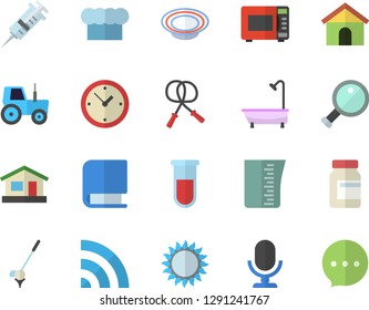 Color flat icon set shower flat vector, meashuring cup, cook hat, gas, microwave, dish, tractor, house, blood test, syringe, book, magnifier, vitamins, skipping rope, golf fector, broadcast, clock