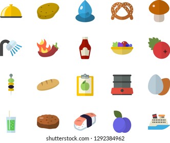 Color flat icon set shower flat vector, double boiler, dish, potato, ketchup, bagel, egg, bread, mushroom, salad, cutlet, hot peppers, sashimi, soda, cranberry, plum, canape, drop, diet