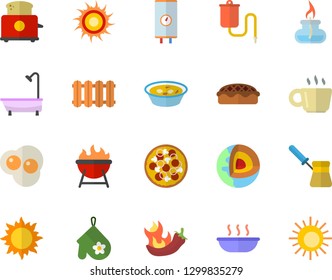 Color flat icon set shower flat vector, heating batteries, boiler, potholder, turk, toaster, barbecue, pizza, soup, pie, hot peppers, scrambled eggs, sun, medical warmer, coffee, gas burner