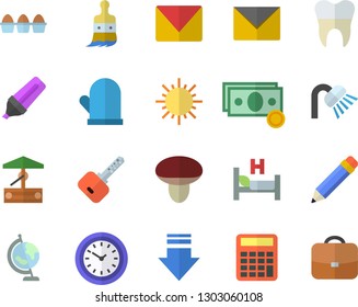 Color flat icon set shower flat vector, potholder, egg, mushroom, well, paint brush, sun, cash, marker, clock, hospital bed, dental crowns, mail, pencil, globe, calculator, download, envelope, key