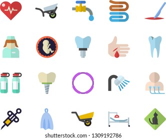 Color flat icon set shower flat vector, towel, garden wheelbarrow, water tap, syringe, hospital bed, injury, diagnostics, ampoule, embryo, nurse, scalpel, caries, implant, heartbeat, hoop