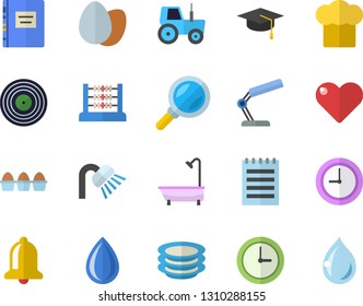 Color flat icon set shower flat vector, cook hat, plates, egg, tractor, magnifier, clock, abacus, reading lamp, notepad, bachelor cap, textbook, bell, heart, target, drop