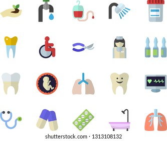Color flat icon set shower flat vector, secateurs, seedlings, water tap, pill packaging, pills, vial, blood transfusion, computer diagnostics of health, disabled, stethoscope, ampoule, embryo, nurse