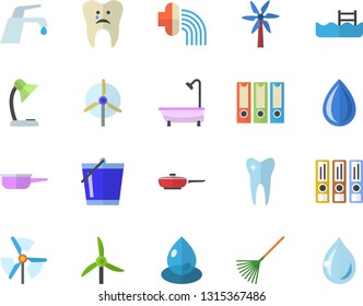 Color flat icon set shower flat vector, faucet, frying pan, saute, windmill, rake, bucketful, hose irrigation, drop, tooth, caries, reading lamp, folders for papers, pool
