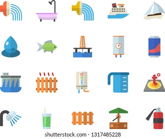 Icono plano color ducha vector plano, suelo caliente, baterías de calefacción, caldera, taza de emascado, pescado, limonada, soda, pozo, riego de mangueras, plataforma de producción de aceite, estación de energía hidroeléctrica, caída