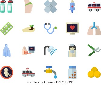 Color flat icon set shower flat vector, towel, secateurs, seedlings, water tap, pill packaging, computer diagnostics of health, stethoscope, ambulance, patch, ampoule, embryo, gestation, nurse