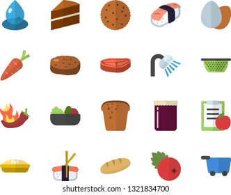 Color flat icon set shower flat vector, cake, colander, chop, biscuit, egg, bread, salad, pie, cutlet, hot peppers, sashimi, jam, cranberry, carrot, drop, diet, grocery trolley fector