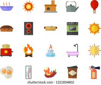 Color Flat Icon Set Shower Flat Vector, Teapot, Electric Stove, Induction Cooker, Toaster, Hot Dog, Soup, Pie, Peppers, Coffe, Scrambled Eggs, Thermometer, Sun, Bonfire, Fireplace, Gas Burner