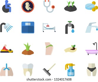 Color flat icon set shower flat vector, faucet, pulverizer, seedlings, rake, planting plants, water tap, pills, disabled, stethoscope, hospital bed, massage, embryo, dental crowns, lungs, buttocks