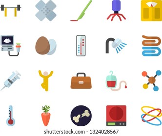 Color flat icon set shower flat vector, weighing machine, towel, egg, carrot, thermometer, blood transfusion, syringe, virus, briefcase, patch, ultrasound, scalpel, molecules, bone fracture, barbell