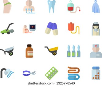 Color flat icon set shower flat vector, towel, secateurs, garden wheelbarrow, lawn mower, pill packaging, pills, vial, medical warmer, blood transfusion, physician, diagnostics, ampoule, nurse