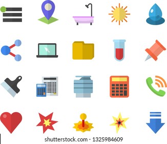 Color flat icon set shower flat vector, calculator, putty knife, sun, drop, laser, location, phone call, blood test, heart, computer file, copy machine, laptop, spark, pushpin, share, menu, download