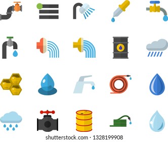 Color flat icon set shower flat vector, faucet, honeycomb, hose, irrigation, water tap, rain, main pipeline, oil tanks, drop, pipette, menu