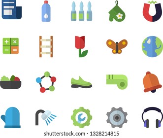 Color flat icon set shower flat vector, repair, potholder, salad, ladder, tulip, butterflies, earth, news, calculator, ampoule, molecules, magnet, cogwheel, sneakers, water, whistle, bell, headset