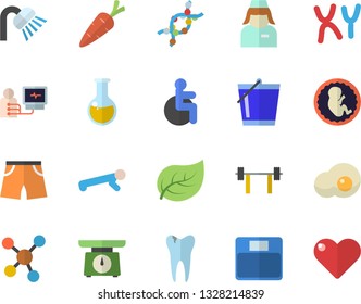 Color flat icon set shower flat vector, weighing machine, scrambled eggs, carrot, bucketful, tree leaf, disabled, medical analysis, diagnostics, embryo, nurse, DNA, chromosomes, molecules, caries