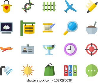 Color flat icon set shower flat vector, fence, apron, rolling pin, porridge, sun, signboard, magnifier, bags, ultrasound, clock, folder, target, hostory roll, dna, aircraft fector, cocktail, badge