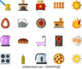 Color flat icon set shower flat vector, heating batteries, teapot, electric kettle, turk, stove, fire, induction cooker, toaster, sausage, pizza, pie, scrambled eggs, mustard, sun, fireplace, fector